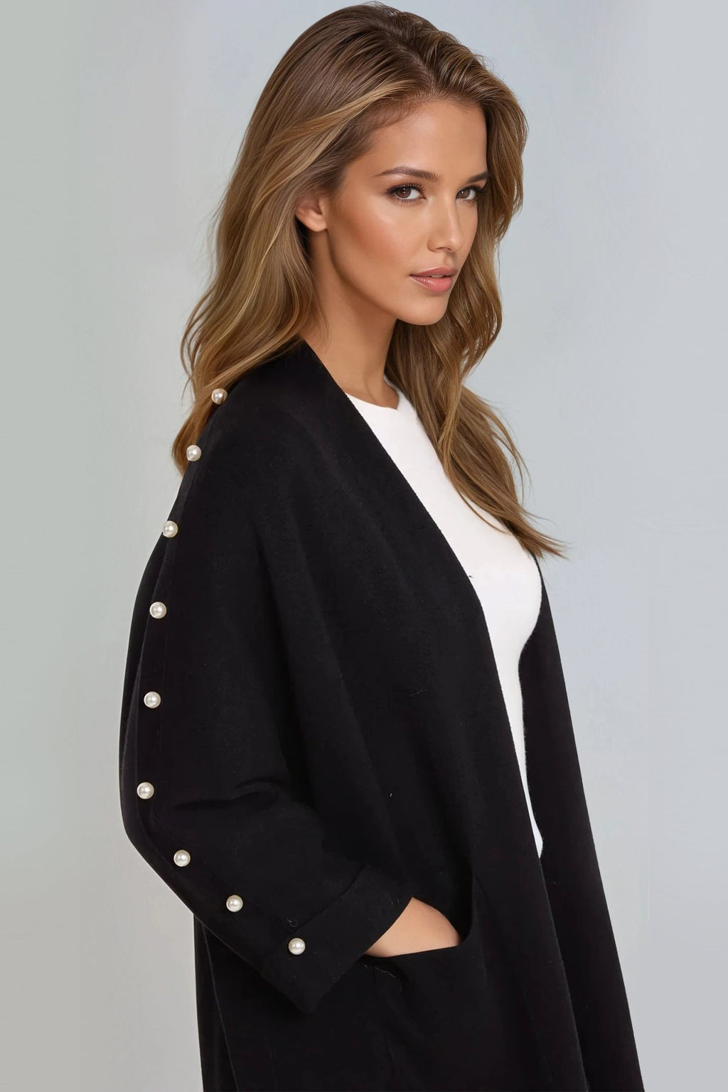 Black Pearl Sleeve Open Cardigan