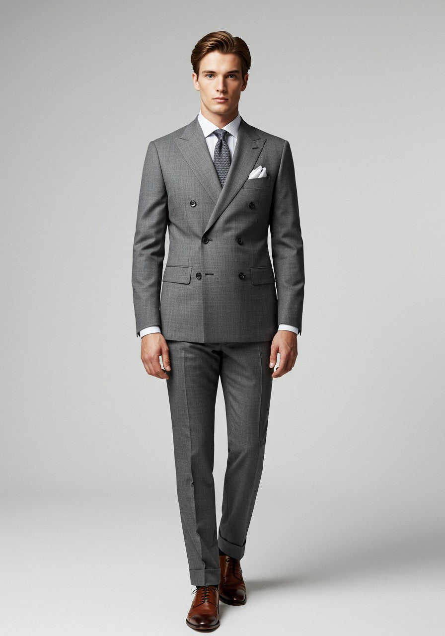 Men’s Grey Double-Breasted Wool Blend Suit