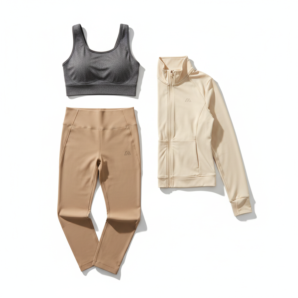 Women's activewear flat lay featuring leggings, sports bra, and zip-up jacket