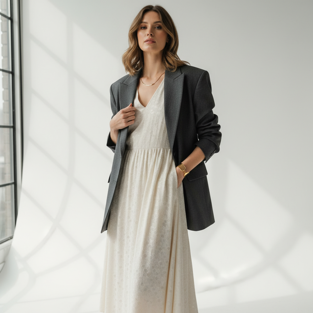 Stylish woman in a flowy midi dress with fitted blazer