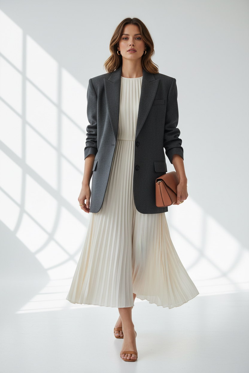 Stylish woman in a flowy midi dress with fitted blazer